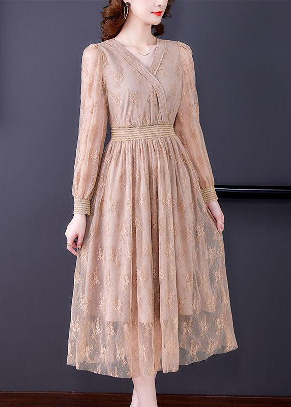 Apricot Elastic Waist Hollow Out Lace Dress Spring