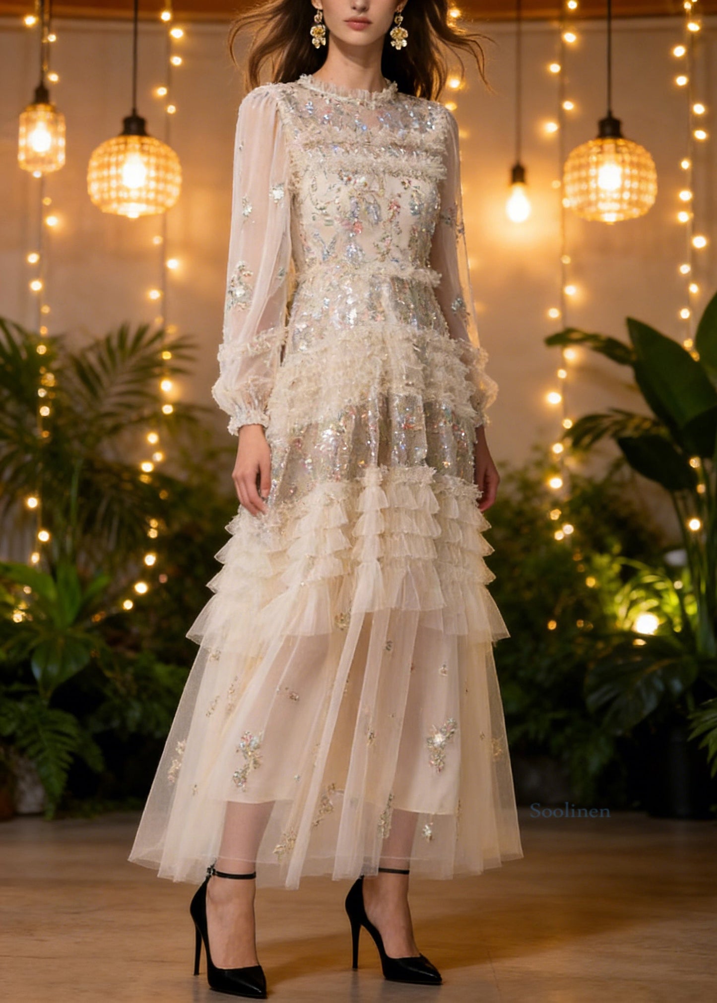 Apricot Embroidered Ruffled Patchwork Tulle Long Dresses Spring