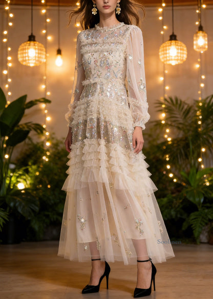 Apricot Embroidered Ruffled Patchwork Tulle Long Dresses Spring