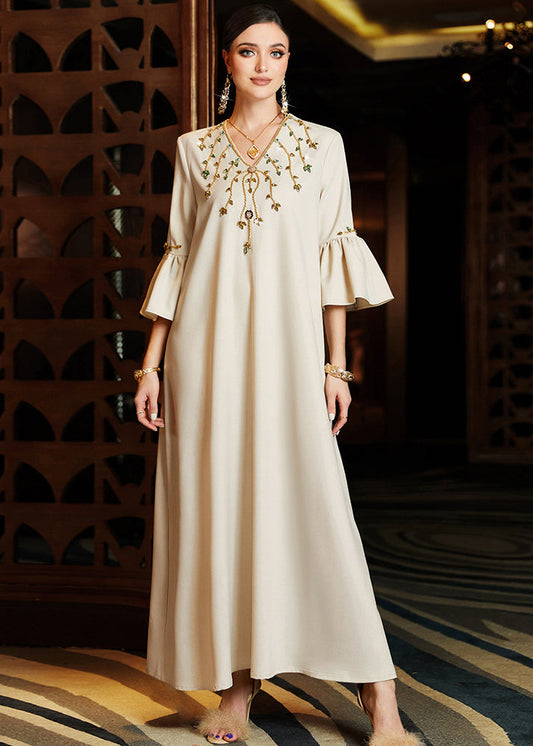 Apricot Embroideried Chiffon Long Dress Flare Sleeve