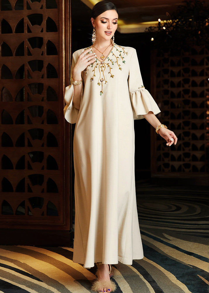 Apricot Embroideried Chiffon Long Dress Flare Sleeve