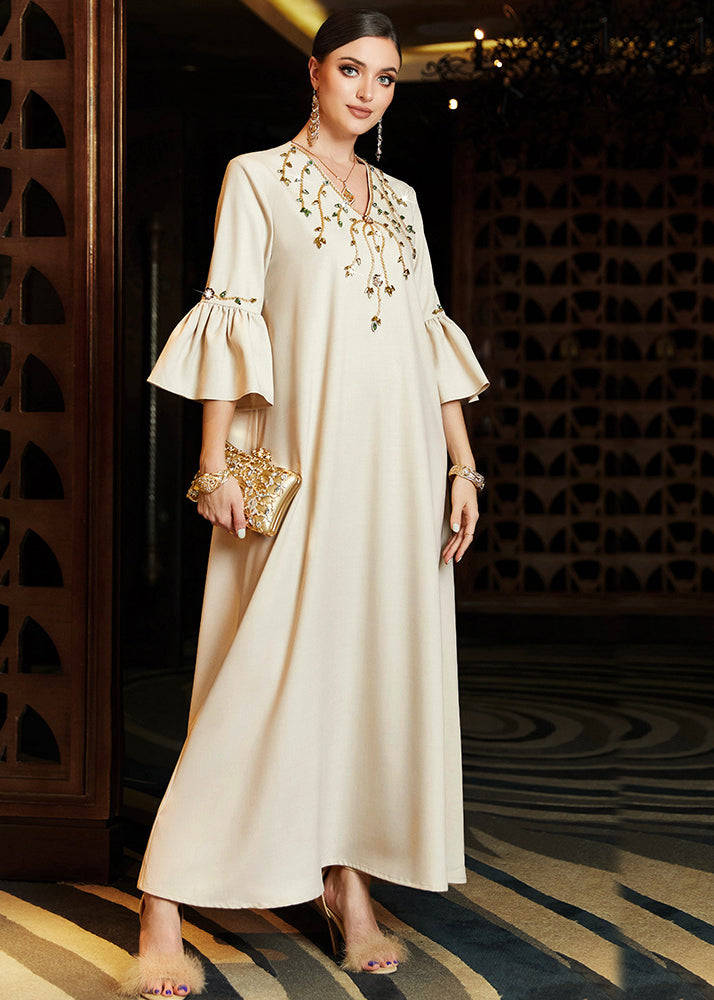Apricot Embroideried Chiffon Long Dress Flare Sleeve