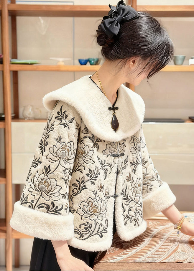 Apricot Fur Collar Embroidered Coats Winter