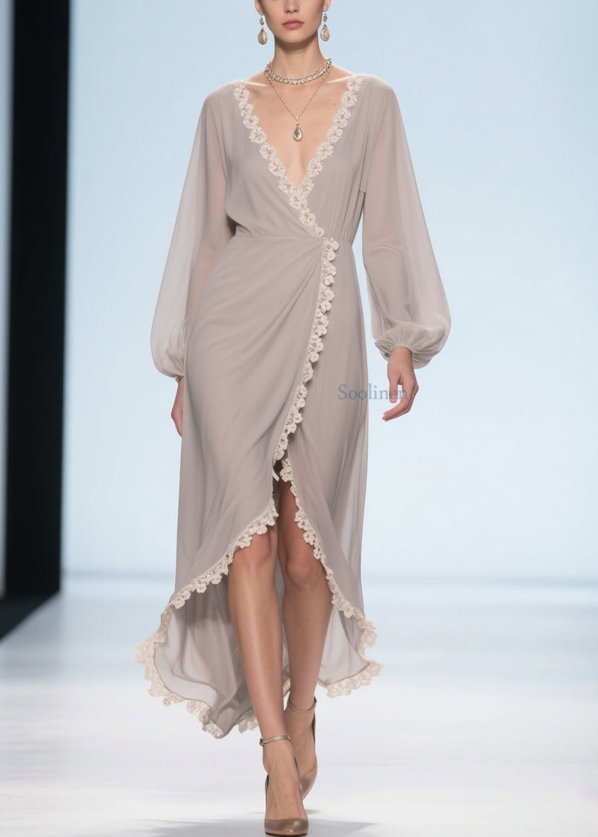 Apricot Lace Low High Design Chiffon Maxi Dresses