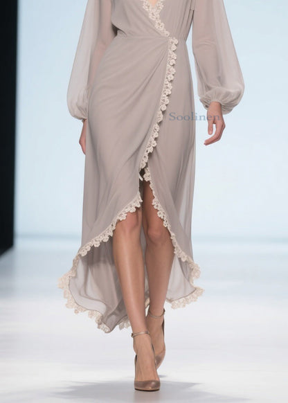 Apricot Lace Low High Design Chiffon Maxi Dresses