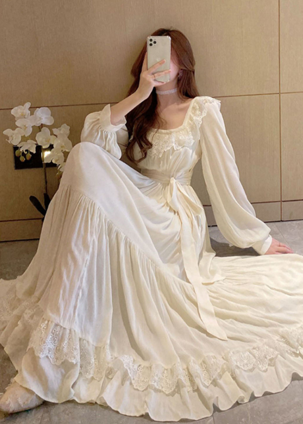 Apricot Lace Patchwork Exra Large Hem Holiday Dress Summer