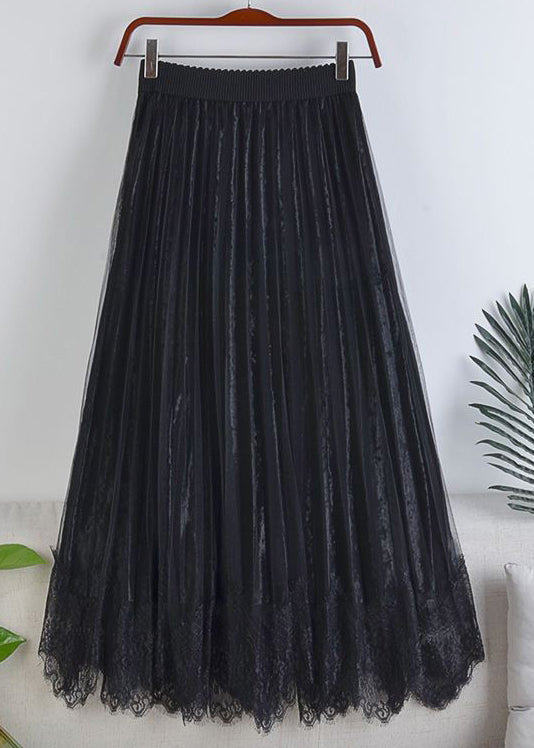 Apricot Lace Tulle Patchwork Velour Pleated Skirt Spring