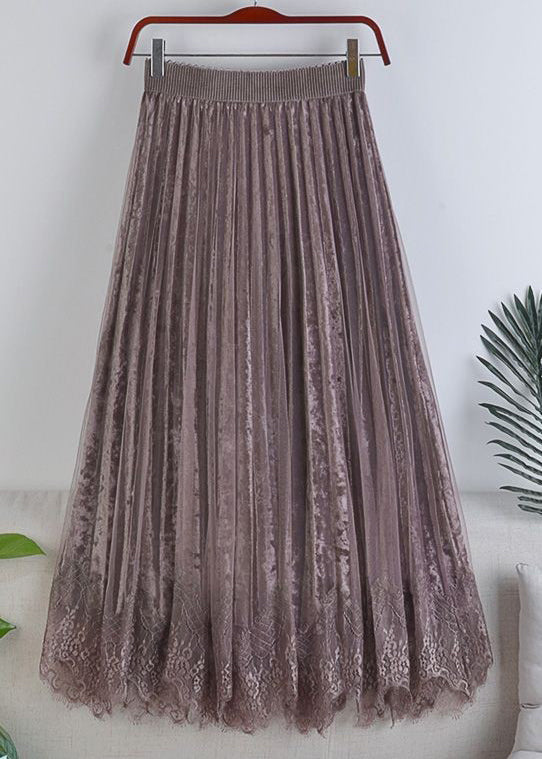 Apricot Lace Tulle Patchwork Velour Pleated Skirt Spring