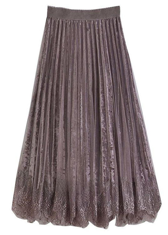 Apricot Lace Tulle Patchwork Velour Pleated Skirt Spring