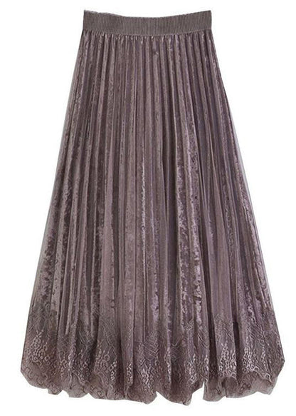 Apricot Lace Tulle Patchwork Velour Pleated Skirt Spring