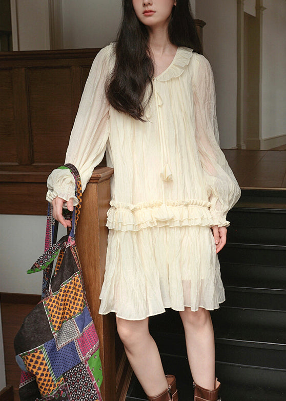 Apricot Lace Up Ruffled Silk Mini Dresses Fall