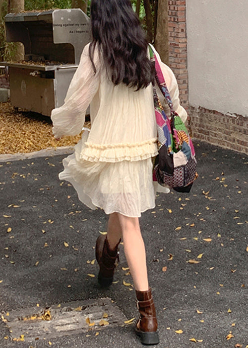 Apricot Lace Up Ruffled Silk Mini Dresses Fall