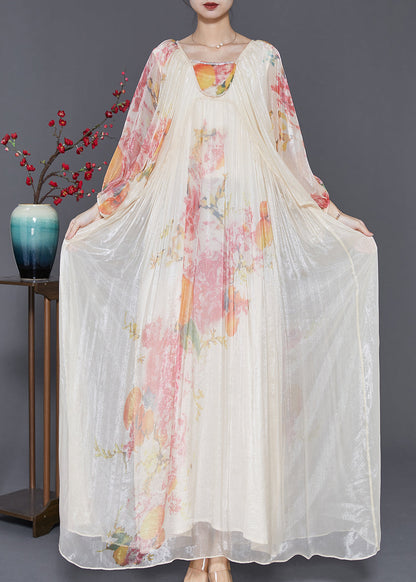 Apricot Oversized Print Chiffon Vacation Dresses Lantern Sleeve