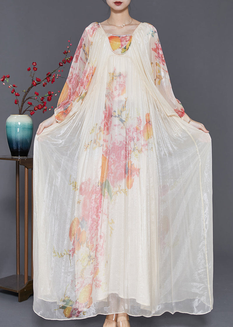 Apricot Oversized Print Chiffon Vacation Dresses Lantern Sleeve