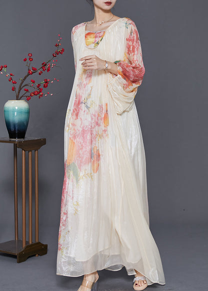 Apricot Oversized Print Chiffon Vacation Dresses Lantern Sleeve