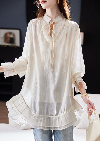 Elegant Apricot Patchwork Tie Lace Apricot Chiffon Shirt Flare Sleeve