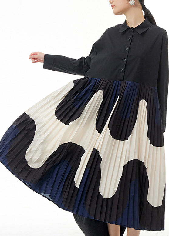 Apricot Peter Pan Collar Patchwork Wrinkled Button Cotton Maxi Dresses Long Sleeve