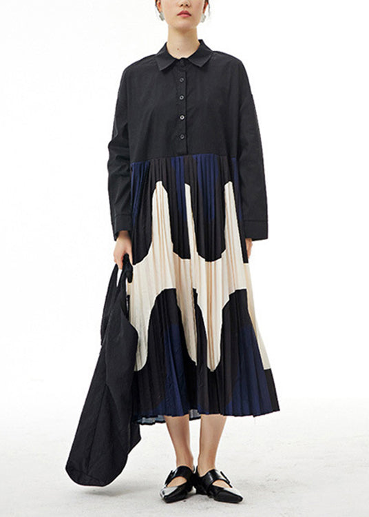 Apricot Peter Pan Collar Patchwork Wrinkled Button Cotton Maxi Dresses Long Sleeve