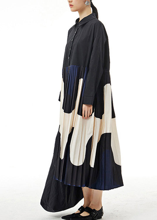 Apricot Peter Pan Collar Patchwork Wrinkled Button Cotton Maxi Dresses Long Sleeve