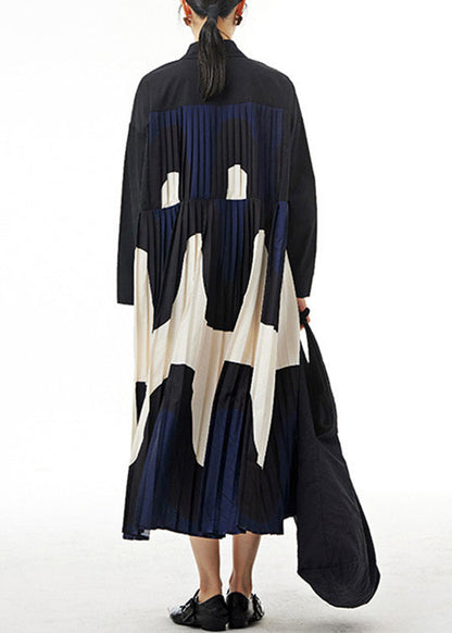 Apricot Peter Pan Collar Patchwork Wrinkled Button Cotton Maxi Dresses Long Sleeve