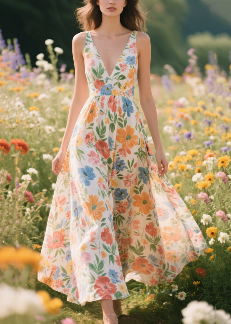 Apricot Print Draping Chiffon Dresses Summer