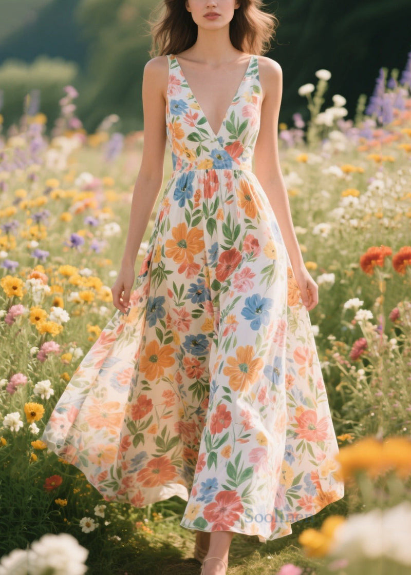 Apricot Print Draping Chiffon Dresses Summer