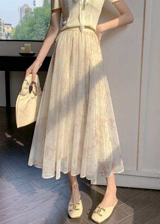 Apricot Print Elastic Waist Chiffon Skirts Summer