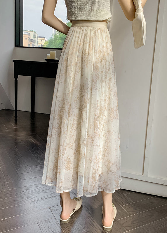Apricot Print Elastic Waist Chiffon Skirts Summer
