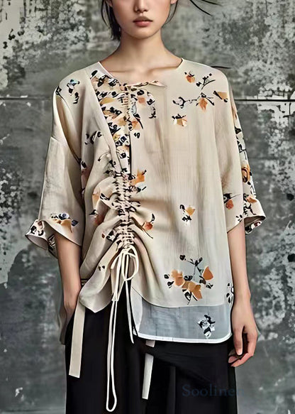 Apricot Print Lace Up Cotton Blouses Half Sleeve