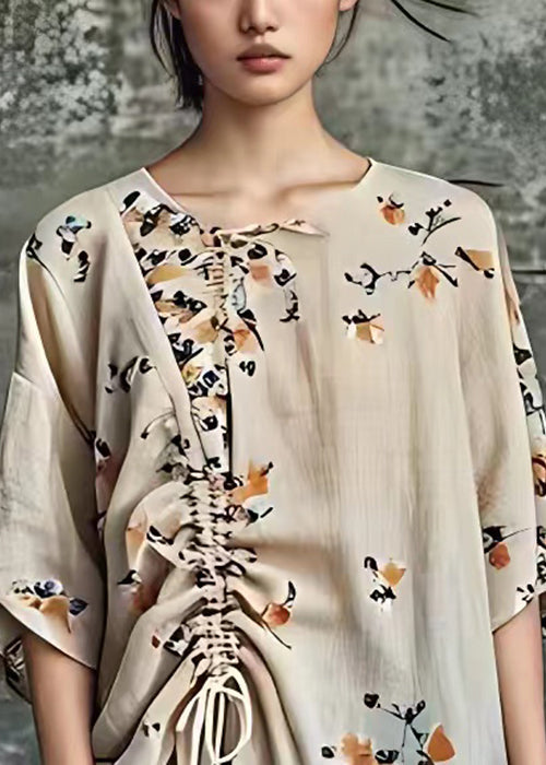 Apricot Print Lace Up Cotton Blouses Half Sleeve