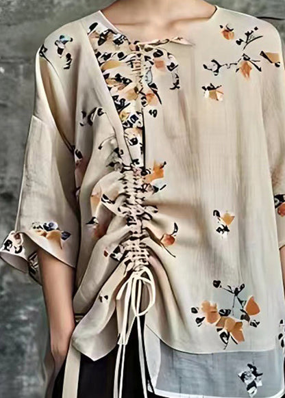 Apricot Print Lace Up Cotton Blouses Half Sleeve