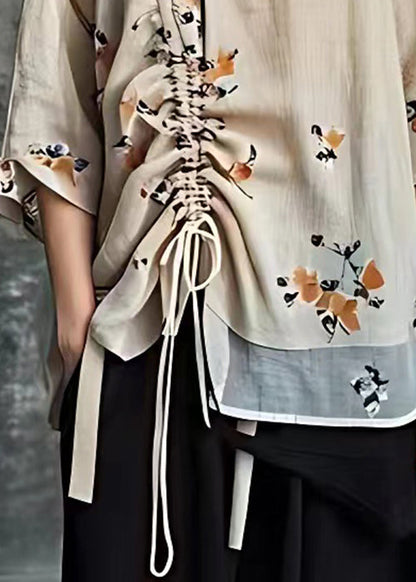 Apricot Print Lace Up Cotton Blouses Half Sleeve