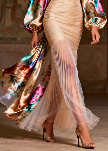 Apricot Print Patchwork Chiffon Pleated Dress Summer