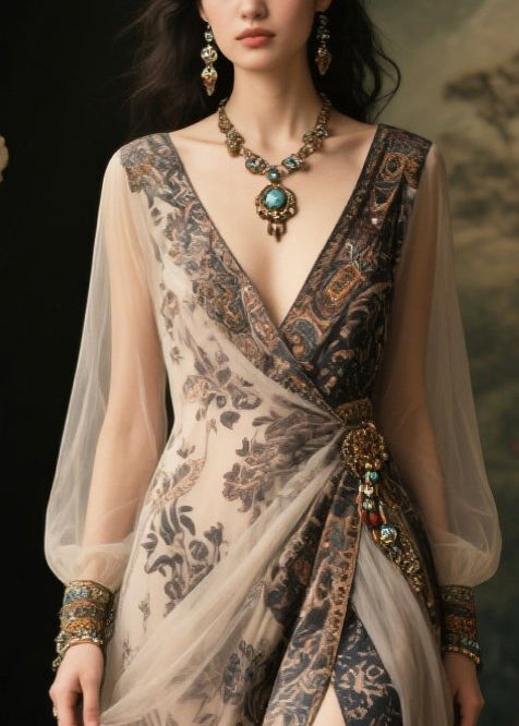 Apricot Print Side Open Chiffon Party Dress Summer