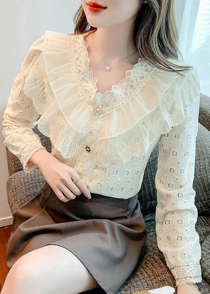 Elegant Apricot Ruffled Hollow Out Patchwork Lace Shirts Fall