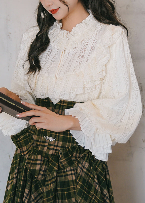 Elegant Apricot Ruffled Lace Shirt Lantern Sleeve