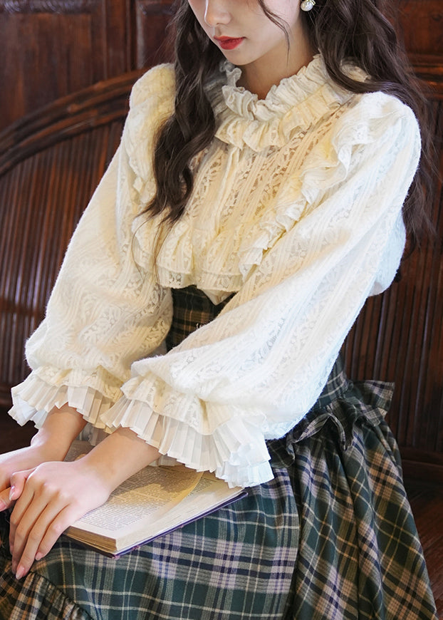 Apricot Ruffled Lace Shirt Lantern Sleeve
