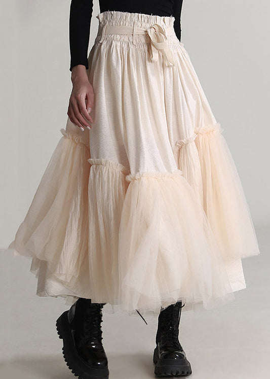 Apricot Ruffled Lace Up Tulle Skirts Spring