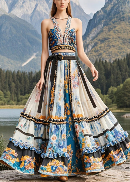 Apricot Ruffled Print Exra Large Hem Chiffon Skirts Fall
