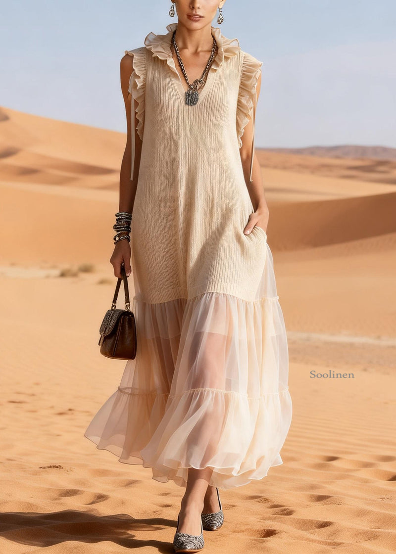 Apricot Ruffled Tulle Patchwork Knit Maxi Dress Summer
