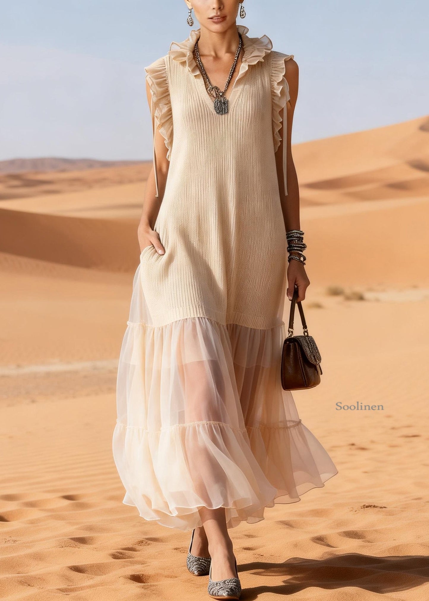 Apricot Ruffled Tulle Patchwork Knit Maxi Dress Summer