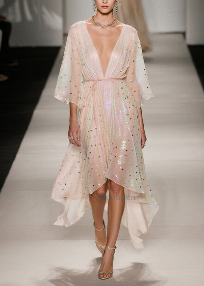 Apricot Sequins Low High Design Tulle Tunic Dress Summer