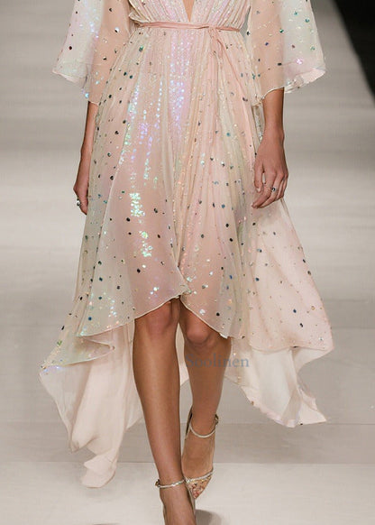 Apricot Sequins Low High Design Tulle Tunic Dress Summer