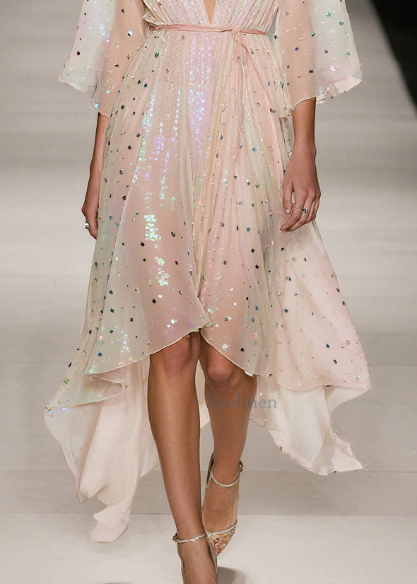 Apricot Sequins Low High Design Tulle Tunic Dress Summer