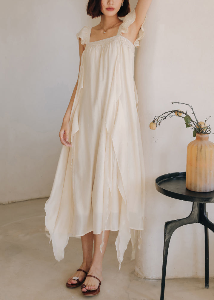 Apricot Square Collar Silk Dresses Summer