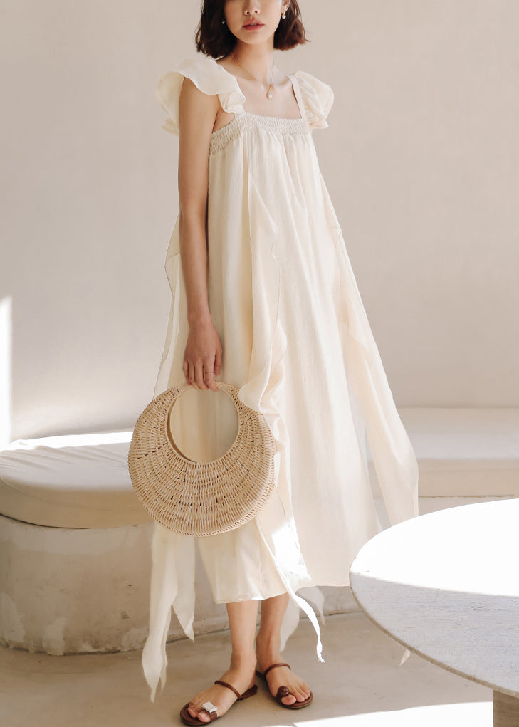 Apricot Square Collar Silk Dresses Summer