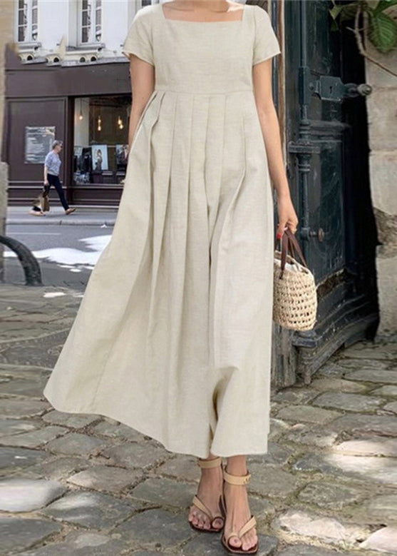 Apricot Square Collar Wrinkled Cotton Long Dress Summer