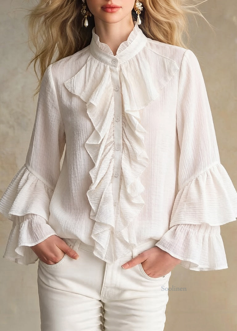 Apricot Stand Collar Ruffled Button Cotton Shirt