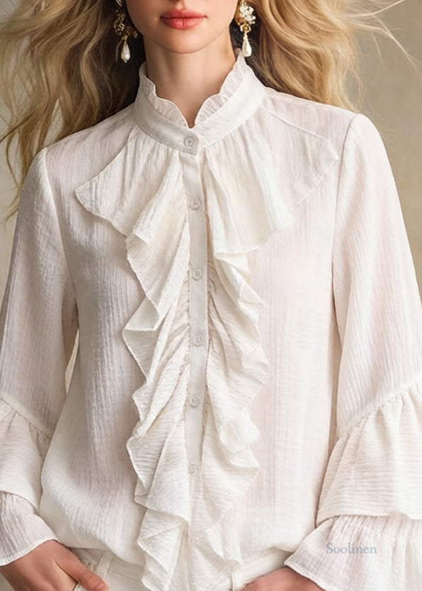Apricot Stand Collar Ruffled Button Cotton Shirt
