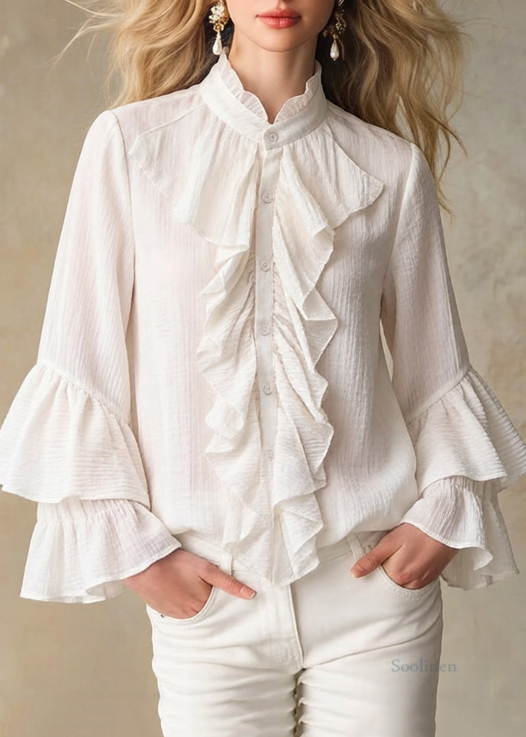 Apricot Stand Collar Ruffled Button Cotton Shirt